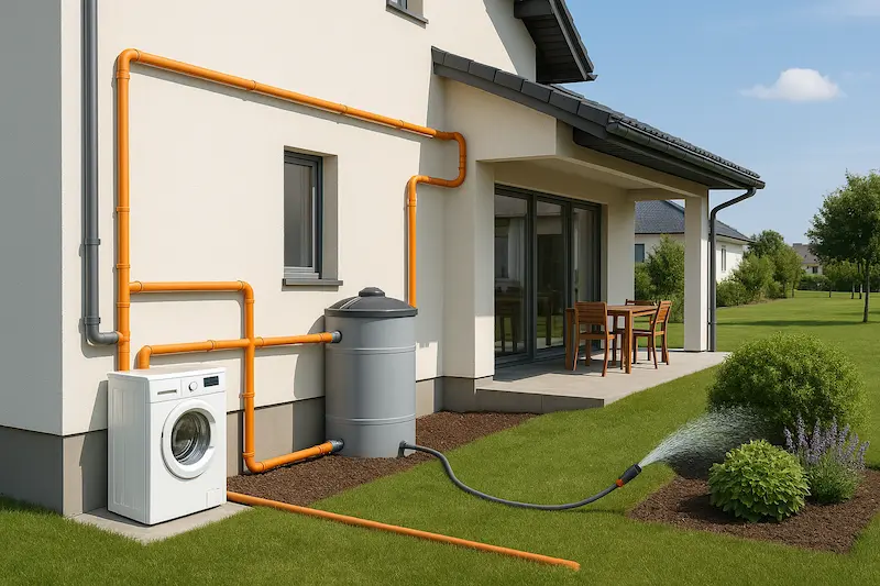 Sistema de reutilización de aguas grises en una vivienda moderna, con tanque y distribución para riego y descarga de inodoros.