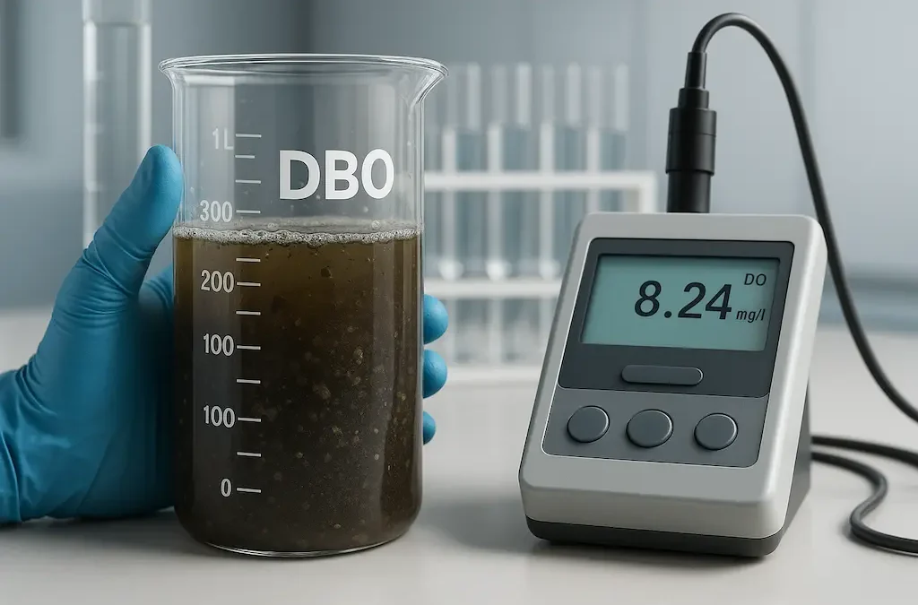 muestra de agua en laboratorio con indicadores de DBO, representando el análisis de contaminación en aguas residuales.